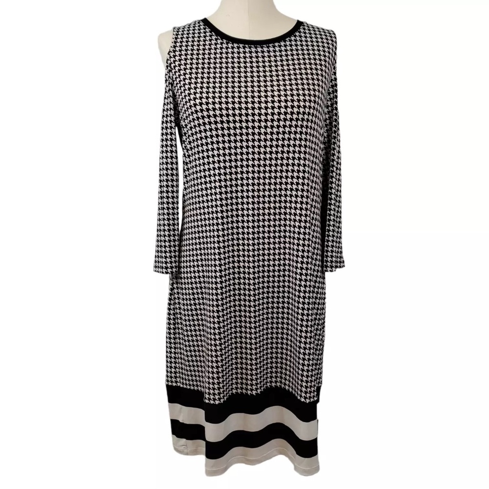 MICHAEL KORS SIZE XL. COLD SHOULDER HOUNDS TOOTH STRIPED PRINT 23”PIT 2 PIT 38”L